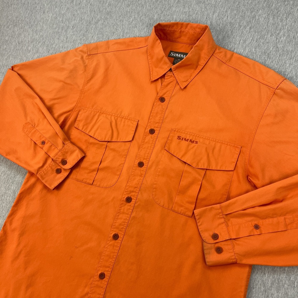 Vintage Simms Fishing Shirt Mens M Hunter Orange Vented Caped Roll-Tab Sleeve